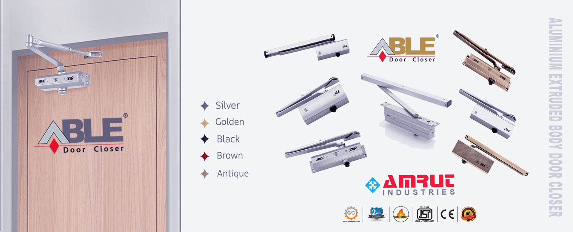 Able Brand Aluminium Extruded Body Door Closer Antique Silver - Gold  - Black - Brown multiple color Body Door Closer Device Manufacturer - Supplier - Rajkot Gujarat India